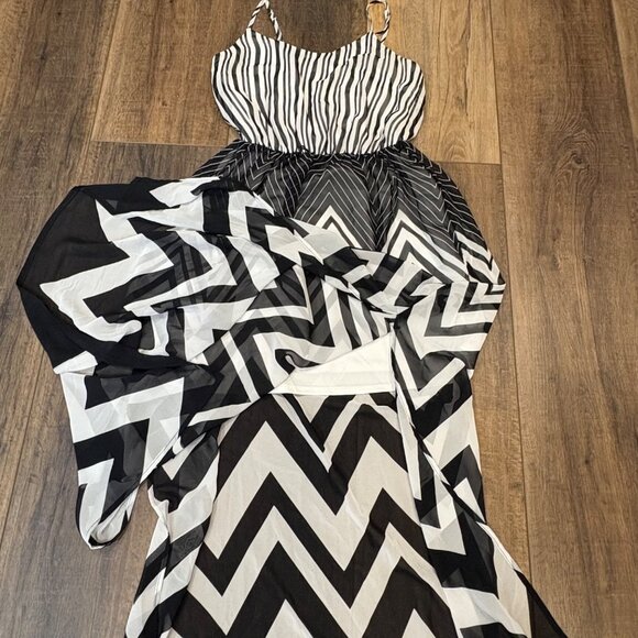 Candies‎ Black & White Chevron Striped Maxi Dress S Retro Y2K Adj Straps Lined - Picture 6 of 10